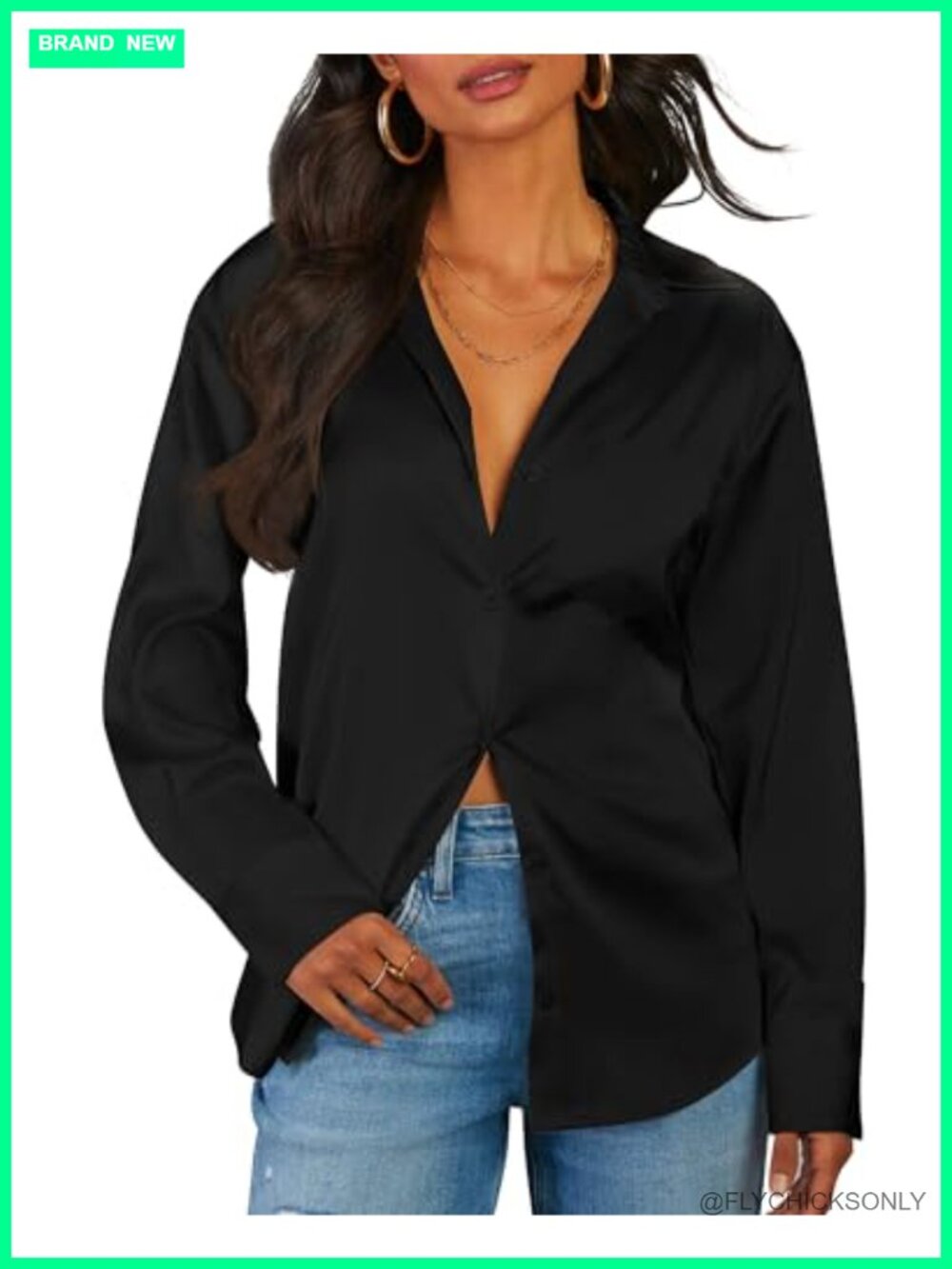 Satin Button Down Blouse Long Sleeve V-Neck Soft Stretch Work Top
